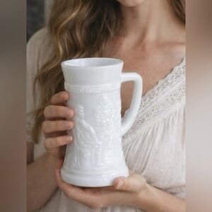 Vintage Milk Glass Tavern Scene Beer Mugs Set of 2 | embossed